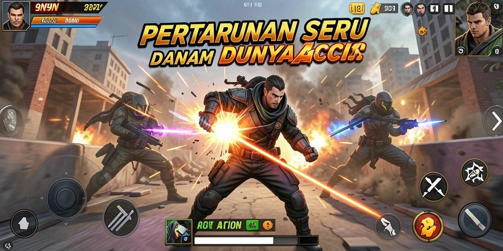 Screenshot utama 9N9N menampilkan pertarungan mendebarkan dalam suasana game Action.