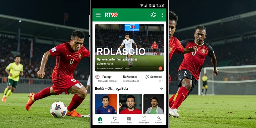 Antarmuka RT99 menampilkan berita dan statistik olahraga bola terbaru.